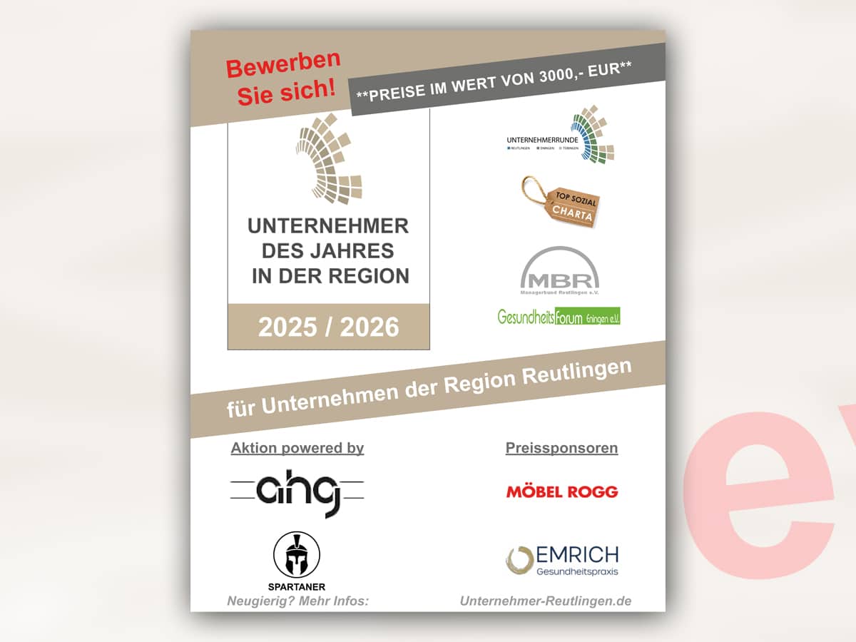 Bewerben Sie sich jetzt: Unternehmer des Jahres 2026 in der Region Reutlingen gesucht!